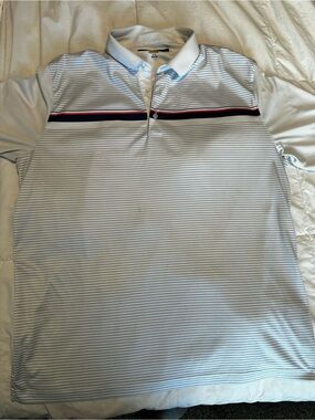Men's Light Blue Striped Polo with Navy & Red Chest Stripe